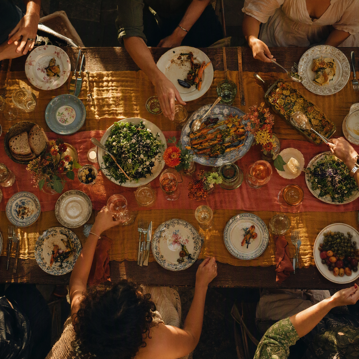 Volunteers and neighbors sharing a meal around a long table